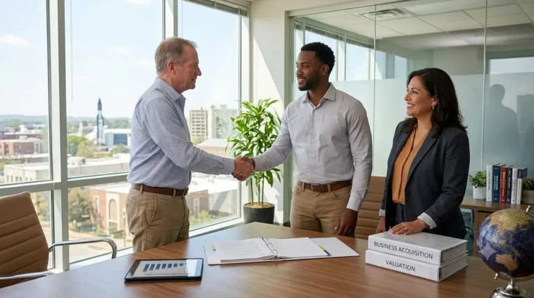 Business broker shaking hands with a client in a modern Huntsville office
