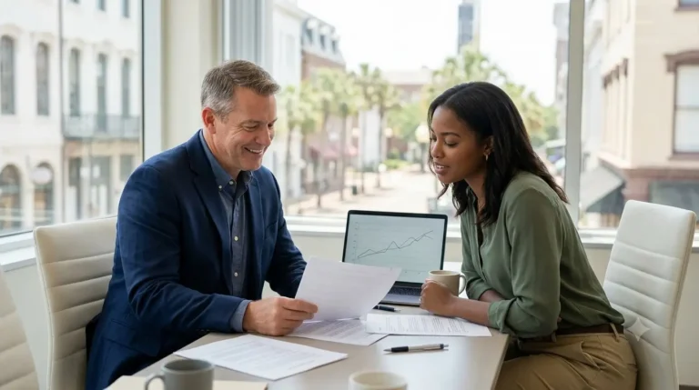 Business broker and client reviewing financial documents at a table.
