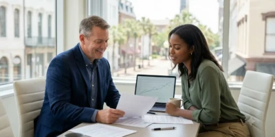 Business broker and client reviewing financial documents at a table.