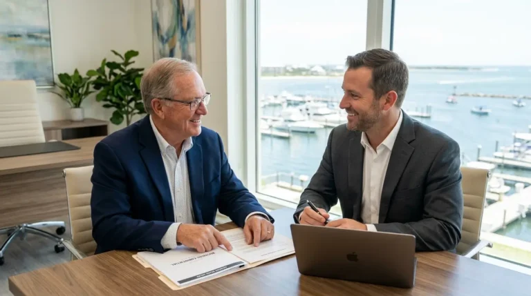 A business broker meeting with a business owner in an Orange Beach office overlooking the marina